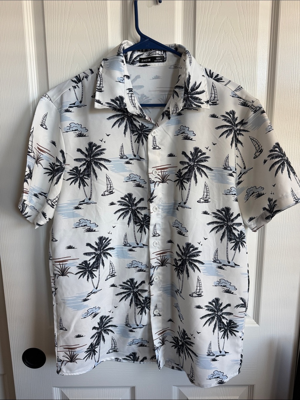 SHEIN White Short Sleeve Palm & Sail Print Button-Up Shirt